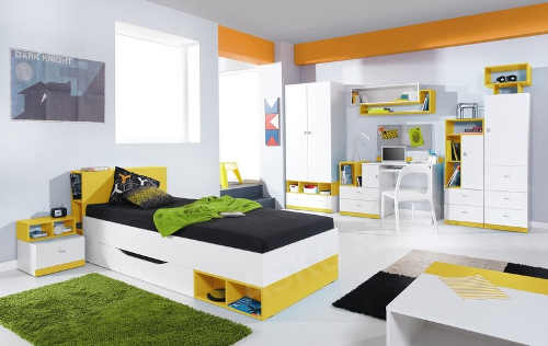 Variabilní bílo-žlutý nábytek do dětského či studentského pokoje