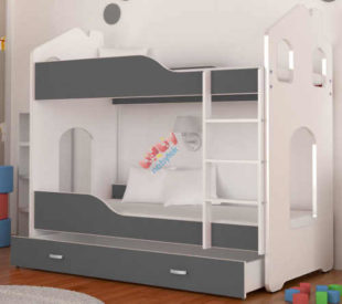 Moderní bílo-šedá patrová postel ve tvaru domečku