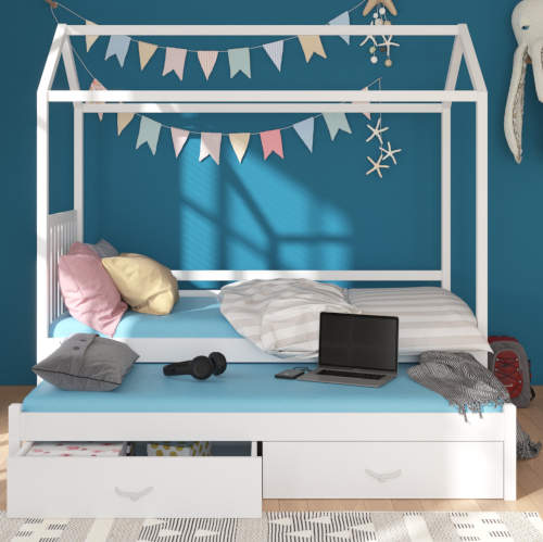 Bílá dětská postel domeček s úložnými prostory a přistýlkou