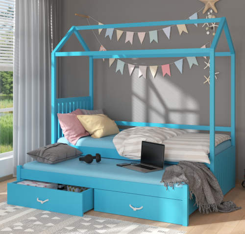 Modrá dětská postel domeček 90x200 cm