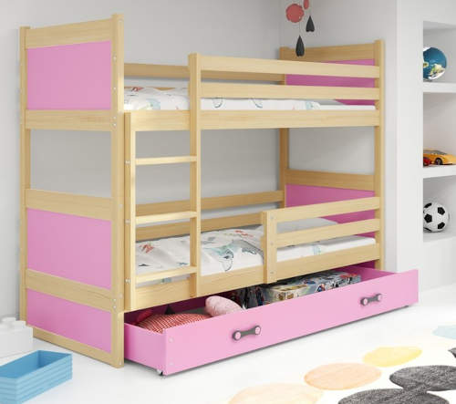 Patrová postel 160 x 80 cm kombinace dřevo a růžová barva