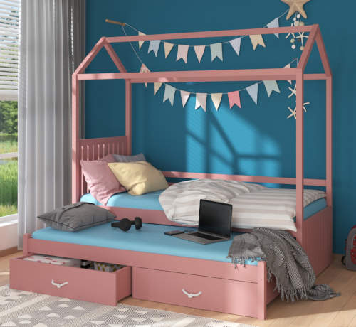 Růžová dětská postel domeček s přistýlkou a úložnými šuplíky